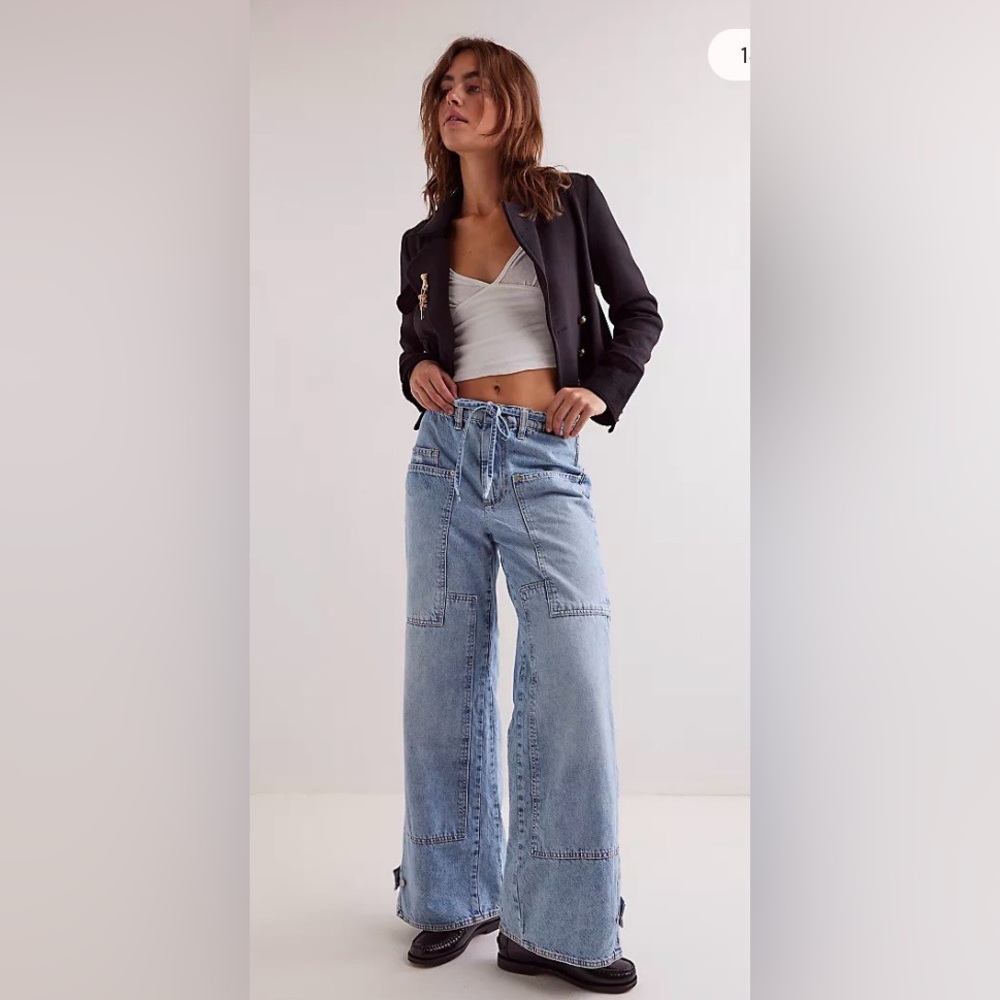 Free People Light Wash Wide Leg Patchwork Jeans
